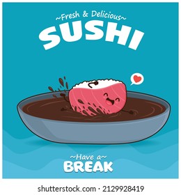 Vintage Japanese food poster design with vector Maguro sushi characters. 