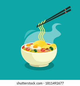 Vintage Japanese food poster with vector Ramen illustration. Chinese food noodle.