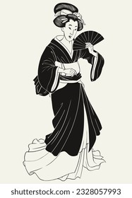 Vintage Japanese Geisha Holding Traditional Fan Isolated Vector