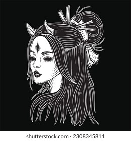 Ilustración del guerrero Skull Mask Tatto de la vendimiadora japonesa geisha