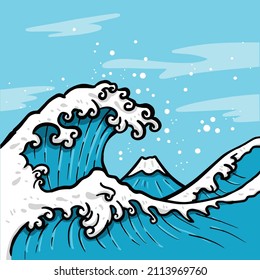 Vintage Japanese great wave painting in illustration style vector graphic