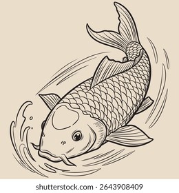 Vintage Japanese Koi Fish Sketch, Monochrome Line Art