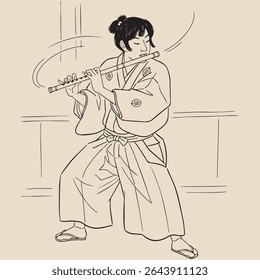 Vintage músico japonês esboço, linha de arte monocromática