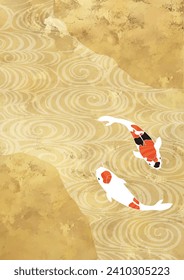 Vintage Japanese Painting of Carp and Water on Gold Paper