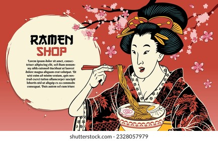 Vintage japanese Painting of Geisha eating the Ramen Noodle Background