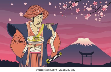 Vintage Japanese Painting Illustration of Men In Kimono Eats Ramen Noodle