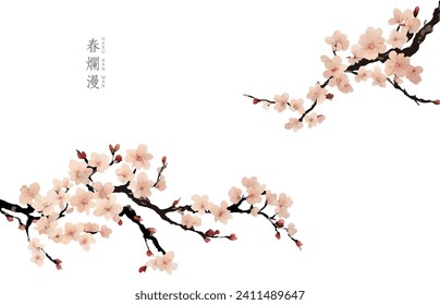 Vintage Japanese pattern of sakura branch.Translation:Spring in bloom