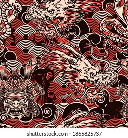 Vintage japanese seamless pattern in monochrome style with poisonous snake fantasy dragon head samurai mask in helmet on waves background vector illustration