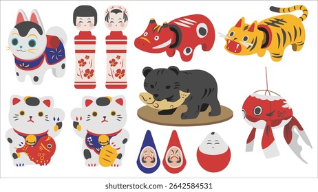 Vintage Japanese Traditional Toys Vector Illustration Classic Folk Playthings from Japan | 2D Flat Design