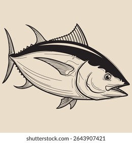 Vintage Japanese Tuna Sketch Monochrome Line Art