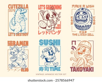 Vintage Japanese vector set, Japanese t-shirt designs bundle, Japan style graphics collection. Culture vector illustration pack. Vintage clothing design, t-shirt design bundle. Clothing design