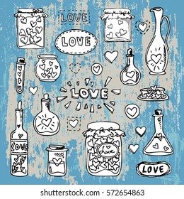 Vintage jar and bottles with hearts on the grunge background. Valentine's template.