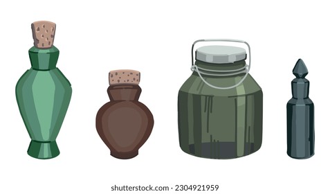 Vintage jars and containers doodles set. Collection of empty bottles. Vector illustration in cartoon style. Modern cliparts isolated on white..
