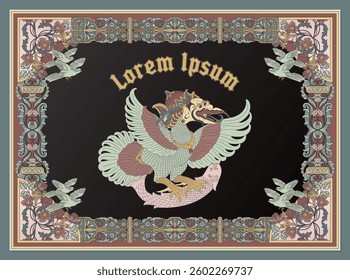 Vintage Javanese floral ornament with Garuda bird, inspired by medieval art. Perfect for labels, book covers, carpets, invitations, greeting cards, and backgrounds. Elegant pastel colors