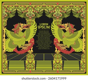 Vintage Javanese floral ornament with green Garuda or Wayang Jatayu. Elegant medieval decorative template for labels, borders, book covers, invitations, and backgrounds. Traditional art designs.