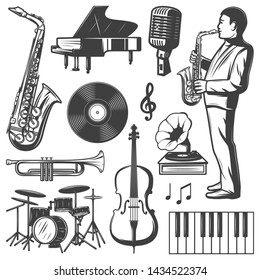 Vintage jazz music elements collection with musician saxophone piano drums microphone gramophone violin trumpet vinyl isolated vector illustration