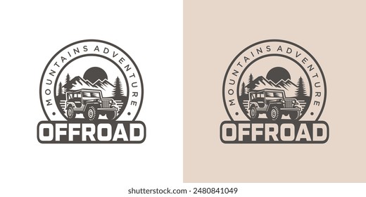 Vintage Jeep Adventure Logo Design and Mountain View Illustration.