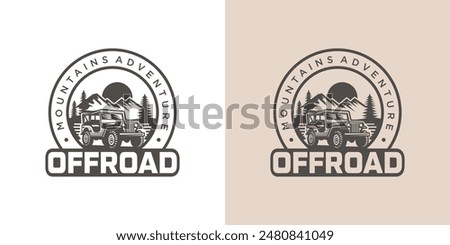 Vintage Jeep Adventure Logo Design and Mountain View Illustration.