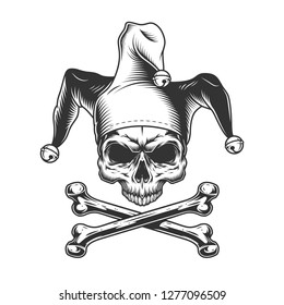 Vintage jester skull without jaw and crossbones in monochrome style isolated vector illustration