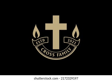 Vintage Jesus Christian Cross with Ribbon Badge Emblem Label for Church Chapel Logo Design Vector