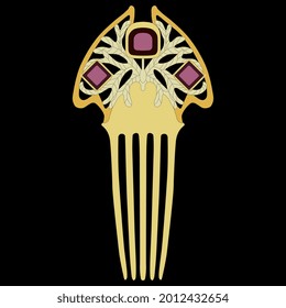 Vintage jeweled comb. Art Nouveau style. On black background. Isolated vector illustration.	