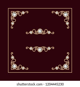 Vintage jewellery background, vector square jewelry frame with diamond gold corner ornaments and swirly flourish divider