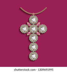 Vintage jewellery Christian Cross, vector jewelry decoration with diamonds and precious gemstones on gold chain