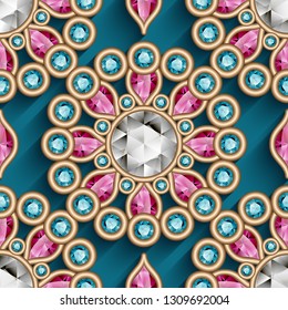 Vintage jewellery gold ornament, vector seamless jewelry pattern with diamonds and precious gemstones in Indian style