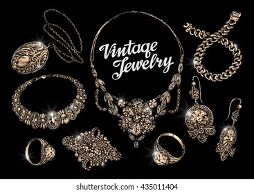 vintage jewelry. bijouterie. jewelry shop. hand drawn bracelet, rings, pendant, necklace, chain, brooch, earrings