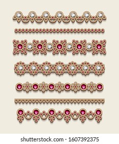 Vintage jewelry border lines, ornamental gold chains, collection of decorative jewellery patterns, vector design elements with diamonds and ruby gemstones, elegant decoration on white background