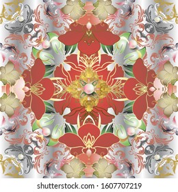 Vintage jewelry floral vector seamless pattern. Baroque style ornamental colorful background. 3d pearls, gemstones. Repeat ornate symmetrical backdrop. Elegance flowers, leaves. Antique ornaments.