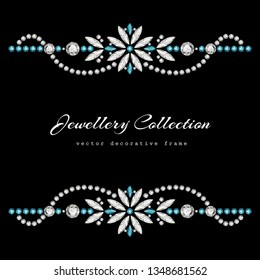 Vintage jewelry frame with border ornament of diamonds and emerald gems, elegant flourish vignette, vector jewellery pattern on black background