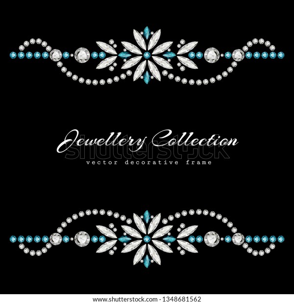 Vintage jewelry frame with border ornament of\
diamonds and emerald gems, elegant flourish vignette, vector\
jewellery pattern on black\
background
