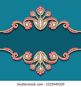 Vintage jewelry frame with ornamental flourish border, vector jewellery vignette for save the date card or celebration party announcement, luxury decoration in ethnic style. Place for text.