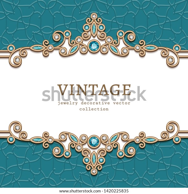 Vintage\
jewelry frame with swirly border pattern on ornamental turquoise\
background, vector jewellery vignette for save the date card or\
wedding invitation design with place for\
text