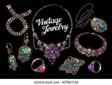 Vintage jewelry with gems. Jewellery. Jewelry shop. Hand-drawn gold and silver vector illustration