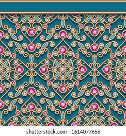 Vintage Jewelry Gold Ornamental Background, Filigree Jewellery Vector Pattern With Diamonds, Emeralds And Ruby Gemstones, Vector Decoration For Wedding Card Or Packaging Design