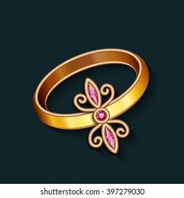 Vintage jewelry gold ring with ruby gemstones, vector jewellery decoration, eps10