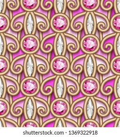 Vintage jewelry pattern with filigree gold swirls, vector jewellery seamless ornament with diamonds and ruby gemstones on pink background