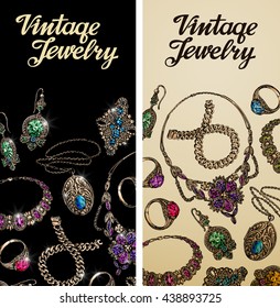 Vintage jewelry. Precious metal, gold, silver gems Vector illustration