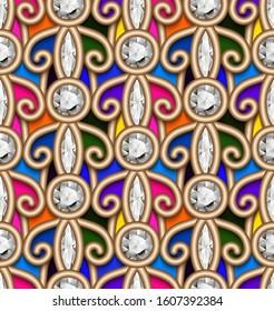 Vintage jewelry seamless pattern with filigree gold swirls, abstract vector diamond jewellery ornamental background