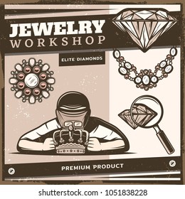 Vintage jewelry shop template with jeweler repairing royal crown brooch diamond necklace magnifier vector illustration