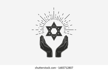 Vintage Jewish logo. Hands with Star of David and sunburst. Jewish icon. Vector illustration