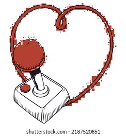 Vintage joystick controller, with long cord forming a heart and colored with red pixels.