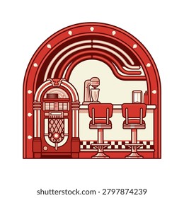 Vintage jukebox and diner bar stools icon.