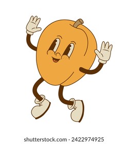 Vintage jumping apricot mascot isolated on white background. Retro cartoon peach character vector illustration. Organic vegan food 