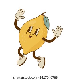 Mascota de limón de salto vintage aislado sobre fondo blanco. Ilustración vectorial de personaje de cítricos de dibujos animados retro. Comida vegana orgánica 