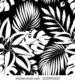 las plantas de la selva vintage ilustran un patrón sin fisuras con hojas de plantas tropicales y follaje en el fondo nocturno. imprime textura. fondo natural. fondo de pantalla tropical. fondo forestal.
