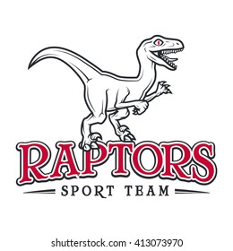 Vintage Jurassic raptor Logo. Dino sport mascot insignia badge design. College Team t-shirt illustration concept isolated on white background.