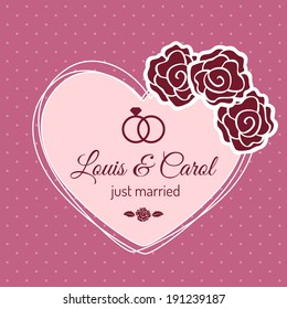 Vintage just married wedding card with heart. Vector design
